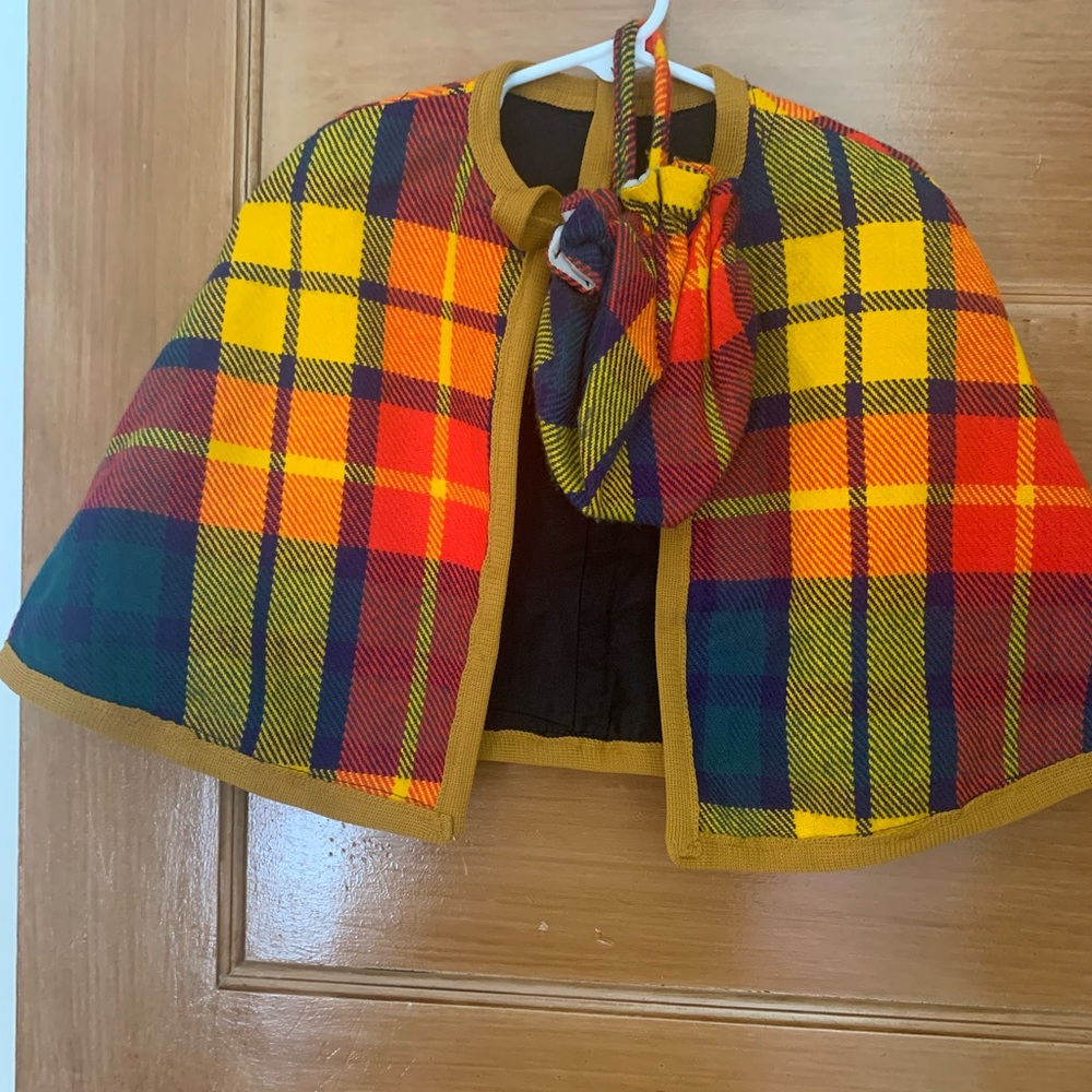 Vintage plaid cape with matching drawstring purse